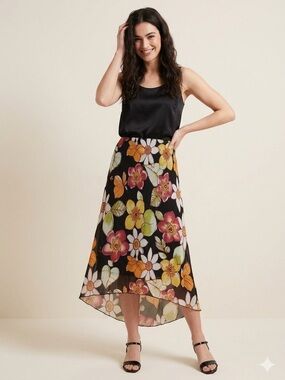 Reitmans Black High-Low Floral Skirt Yellow, Red, White Green Flowers sz11 y2k